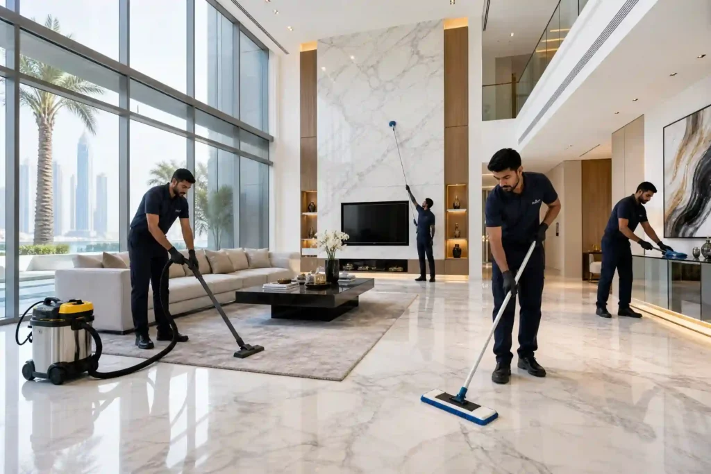 شركة تنظيف منازل في الامارات: فريق محترف ينظف فيلا حديثة وفاخرة بدبي
