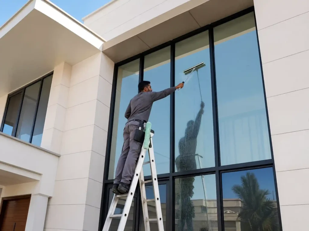 تنظيف واجهات زجاج فلل جديدة عجمان من الخارج والداخل