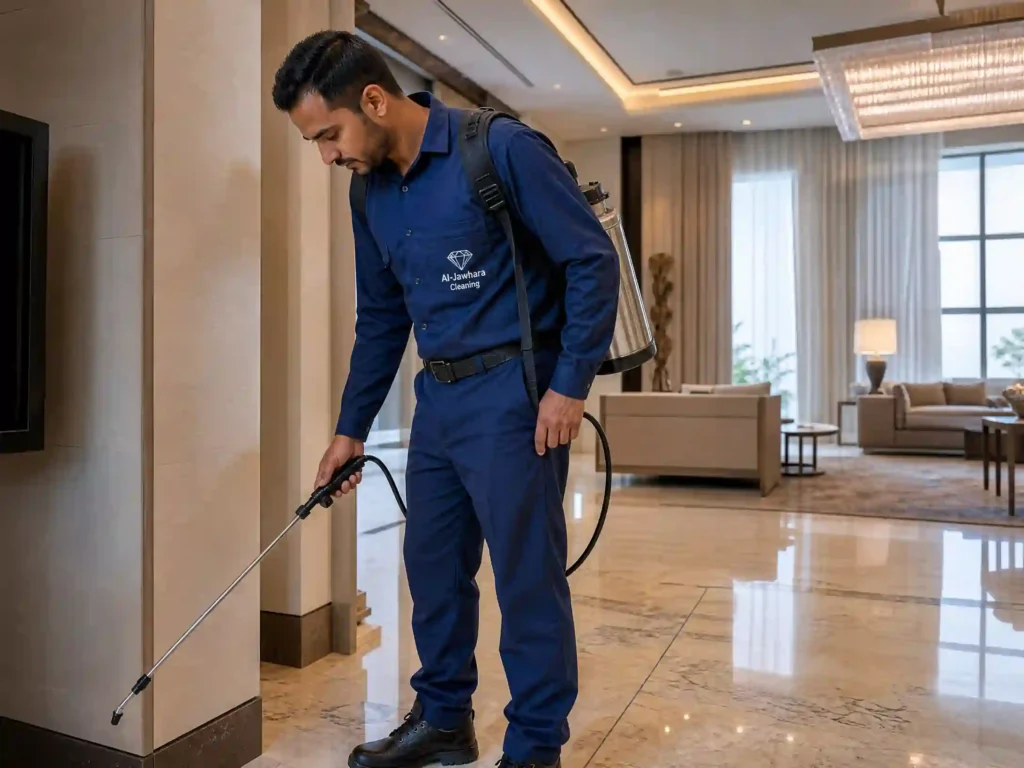 فني شركة الجوهرة متخصص في مكافحة حشرات الشارقة يقوم بفحص وتطهير المنازل بأحدث المعدات