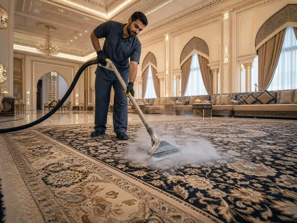 تنظيف سجاد بالبخار في الإمارات داخل الفلل مع إزالة البقع والتجفيف السريع